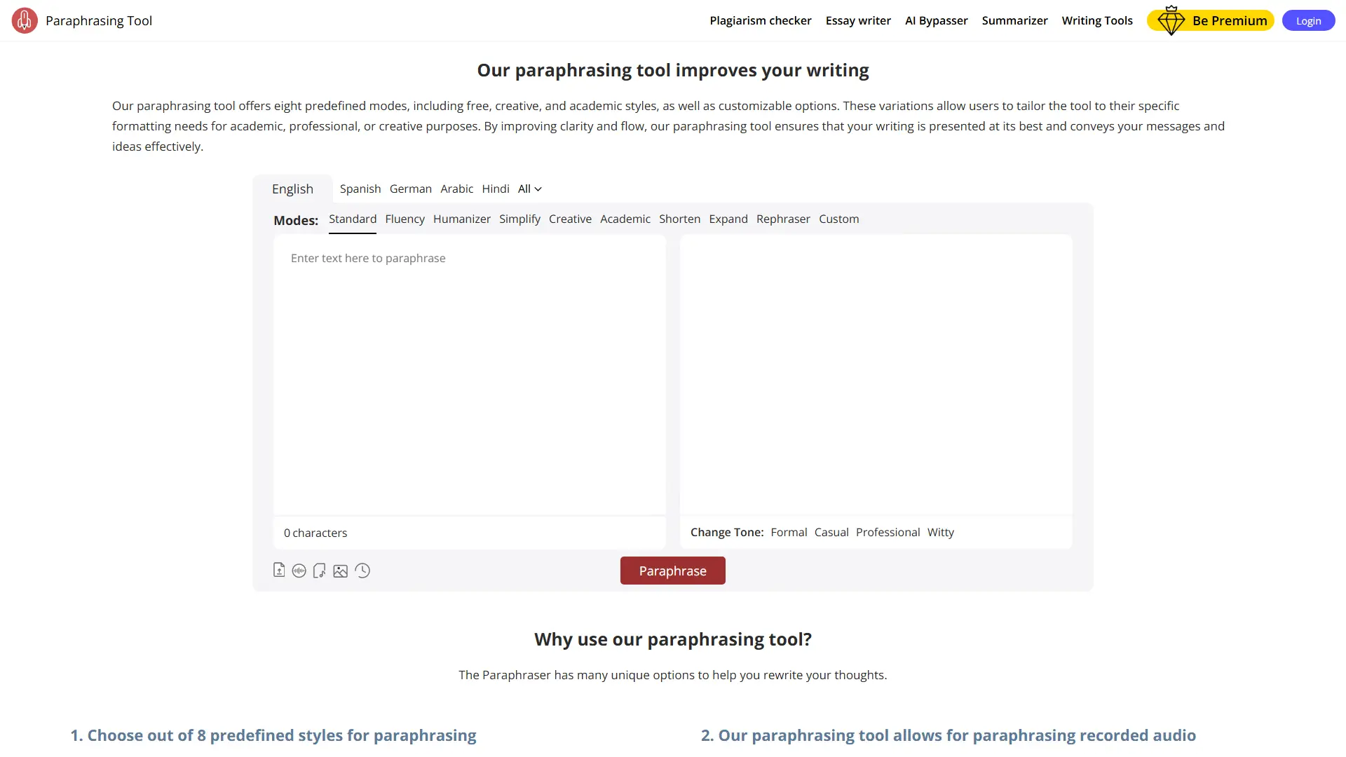 Paraphrasingtool.ai screenshot