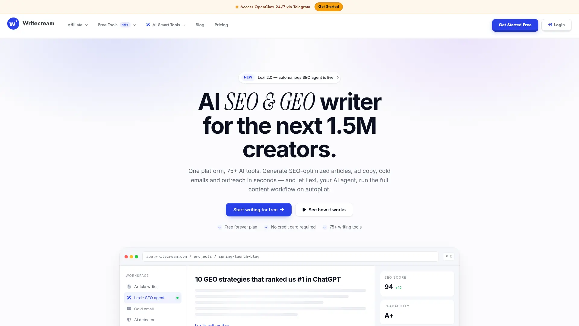 Writecream screenshot